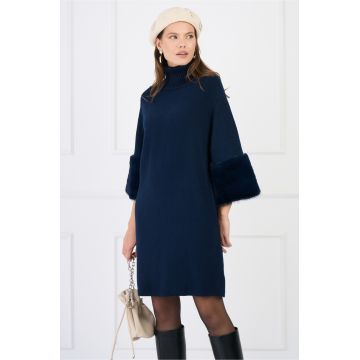 Rochie casual scurta din tricot bleumarin cu blanita la maneci