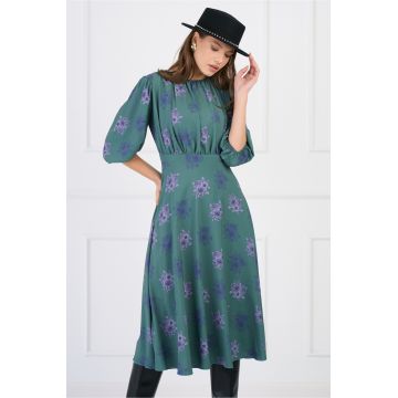 Rochie DY Fashion din voal verde cu imprimeu florl mov