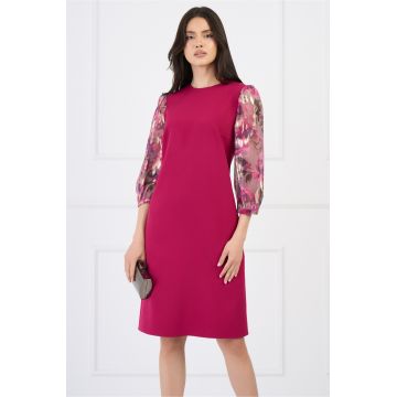 Rochie DY Fashion eleganta din stofa magenta cu maneci din voal cu print roz