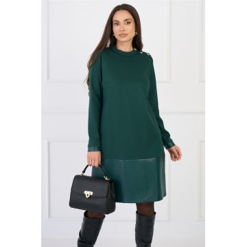 Rochie DY Fashion office din jerse verde cu insertie din piele ecologica la baza