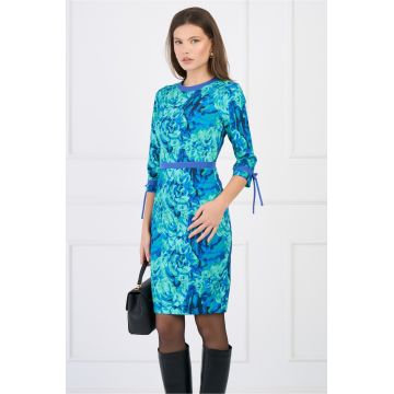 Rochie DY Fashion office din stofa albastra cu print verde si banda decorativa in talie