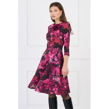 Rochie DY Fashion office din stofa cu imprimeu si floare magenta