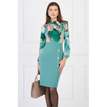 Rochie DY Fashion office din stofa si voal satinat verde cu imprimeu bej la bust