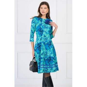 Rochie DY Fashion office din stofa verde cu imprimeu si floare albastra