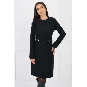 Rochie DY Fashion office din velur neagra cu nasturi in talie