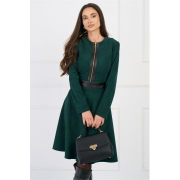 Rochie DY Fashion office verde din velur cu piele ecologica si fermoar la bust