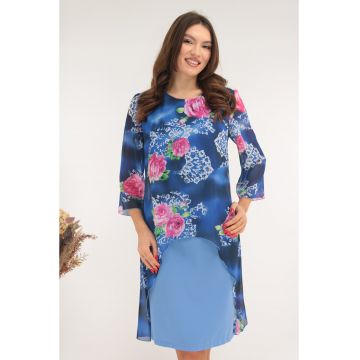 Rochie eleganta albastra cu print floral maxi si aspect suprapus