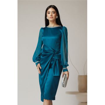 Rochie eleganta din satin turcoaz cu maneci din voal