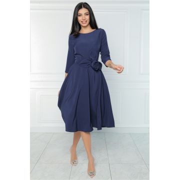 Rochie MBG office din stofa bleumarin cu floare in talie