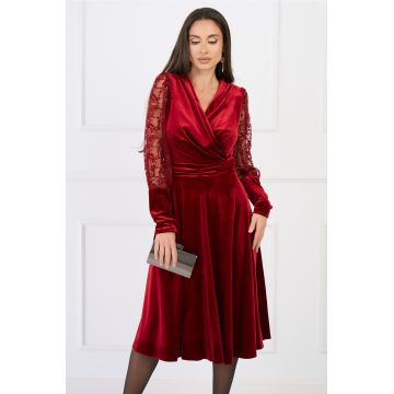 Rochie Moze eleganta din catifea burgundy cu maneci din dantela