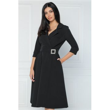 Rochie office din stofa neagra cu catarama in talie