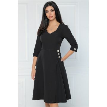 Rochie office din stofa neagra cu nasturi in talie