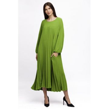 Rochie plisata A-line cu maneca lunga cu elastic, verde deschis