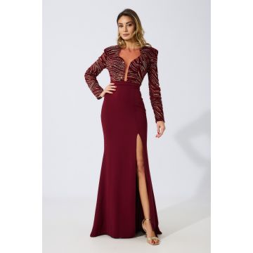 Rochie de ocazie premium tip sirena cu tull si glitter Saphire Bordo