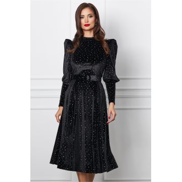 Rochie DY Fashion din catifea neagra cu strasuri si curea in talie