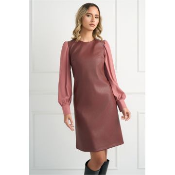 Rochie DY Fashion din piele ecologica burgundy cu maneci din voal roz