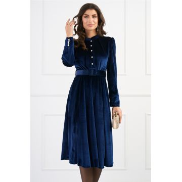 Rochie DY Fashion eleganta din catifea bleumarin cu nasturi si curea in talie