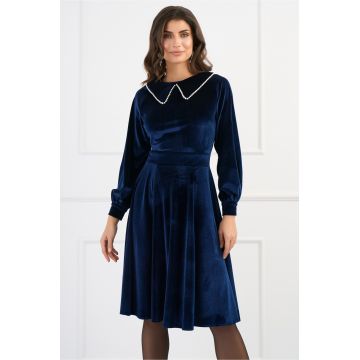 Rochie DY Fashion eleganta din catifea bleumarin cu perlute la guler