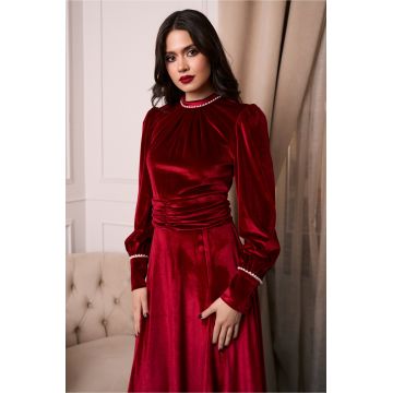 Rochie DY Fashion eleganta din catifea burgundy cu perle la guler si mansete