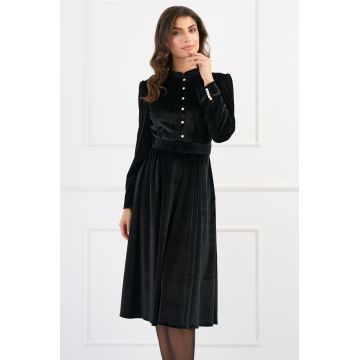 Rochie DY Fashion eleganta din catifea neagra cu nasturi si curea in talie