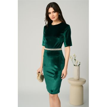 Rochie DY Fashion eleganta din catifea verde cu perle in talie