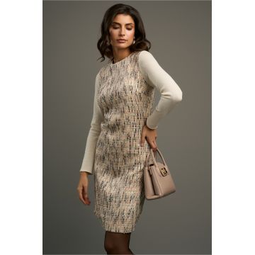 Rochie DY Fashion office din tweed bej cu bleumarin