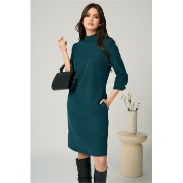 Rochie DY Fashion office din velur verde simpla cu buzunare