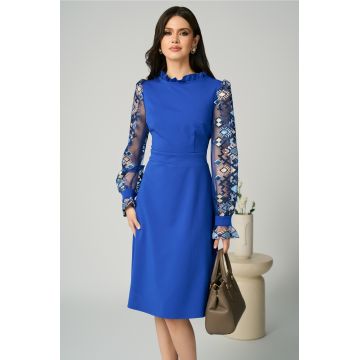 Rochie Ella Collection Iasmin eleganta din stofa albastra cu broderie bej pe maneci