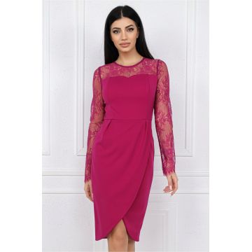 Rochie MBG eleganta din stofa fucsia cu dantela la bust si maneci