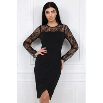 Rochie MBG eleganta din stofa neagra cu dantela la bust si maneci