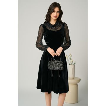 Rochie Moze eleganta din catifea neagra cu glitter pe maneci si guler