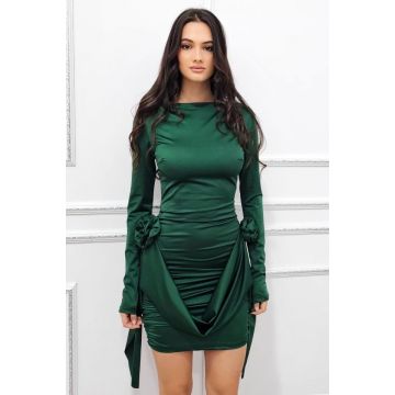 Rochie satinata Jordana, cu aplicatii florale si fronseuri laterale, Verde, Marime S/M