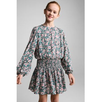 Rochie cu croiala in A - model floral si insertie in talie