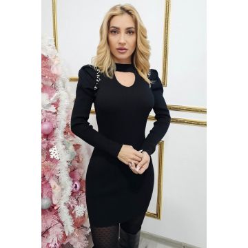 Rochie cu umeri bufanti Rosetta, tricot cu perle artizanale, Negru, Marime S/M