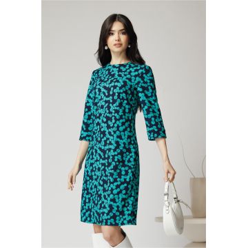 Rochie DY Fashion office din jerse bleumarin cu imprimeuri turcoaz