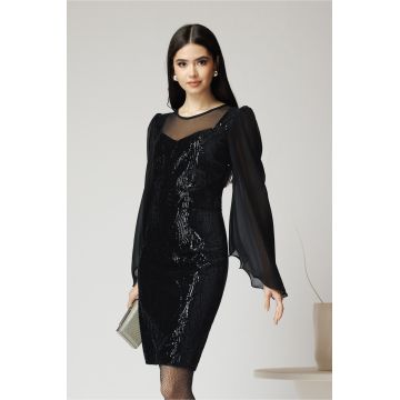 Rochie Ella Collection Daimond eleganta din catifea neagra cu paiete si maneci din voal