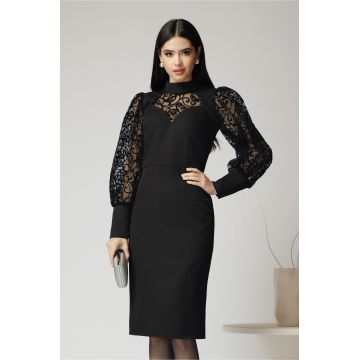 Rochie Ella Collection Kira eleganta din stofa neagra cu detalii catifelate pe maneci