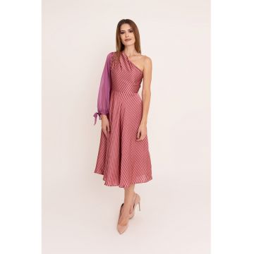 Rochie evazata cu model in dungi si decolteu pe un umar Nefely