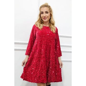 Rochie evazata de seara Tamina, cu paiete si fundita supradimensionata la spate, Rosu, Marime S/M/L