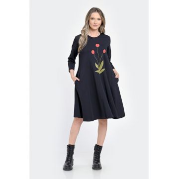 Rochie Medie Dama - Ampla - Neagra cu pictura realizata manual V304 -