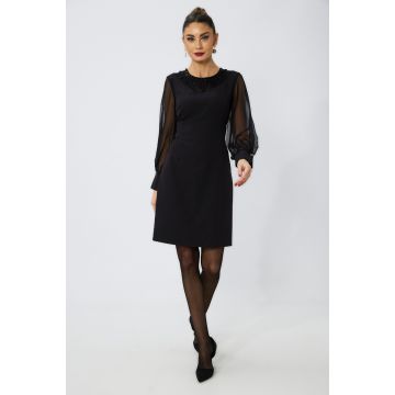 Rochie de ocazie din crepe cu maneci din voal si colier Geraldine Neagra