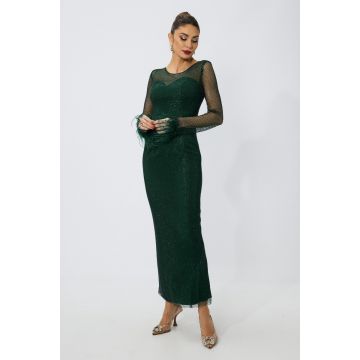 Rochie de ocazie premium din plasa cu strass-uri si pene Select Verde