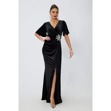 Rochie de ocazie din catifea cu maneci evazate si strass-uri in talie Verity Neagra