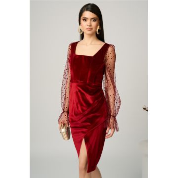 Rochie eleganta din catifea bordo cu maneci din tull cu buline