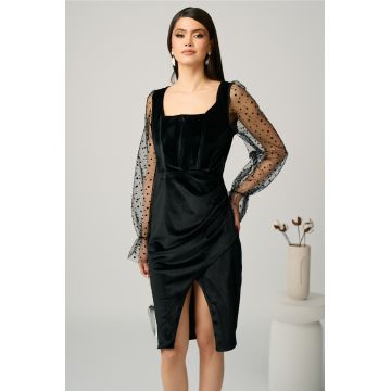 Rochie eleganta din catifea neagra cu maneci din tull cu buline