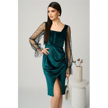 Rochie eleganta din catifea verde cu maneci din tull cu buline