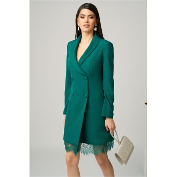 Rochie eleganta din stofa verde tip sacou cu dantela la baza