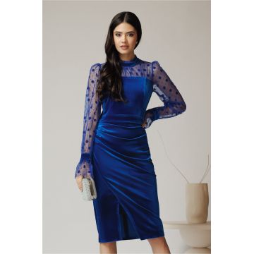 Rochie Ella Collection Adena eleganta din catifea albastra cu tull si buline pe maneci