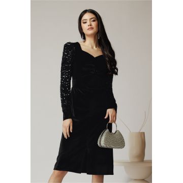 Rochie Ella Collection Elvira eleganta din catifea neagra cu paiete pe maneci