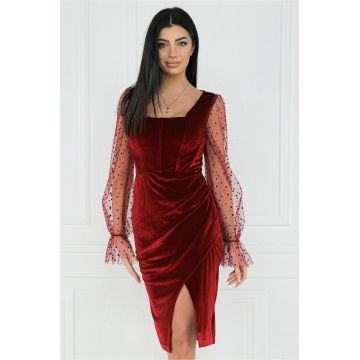 Rochie MBG eleganta din catifea bordo cu maneci din tull cu buline